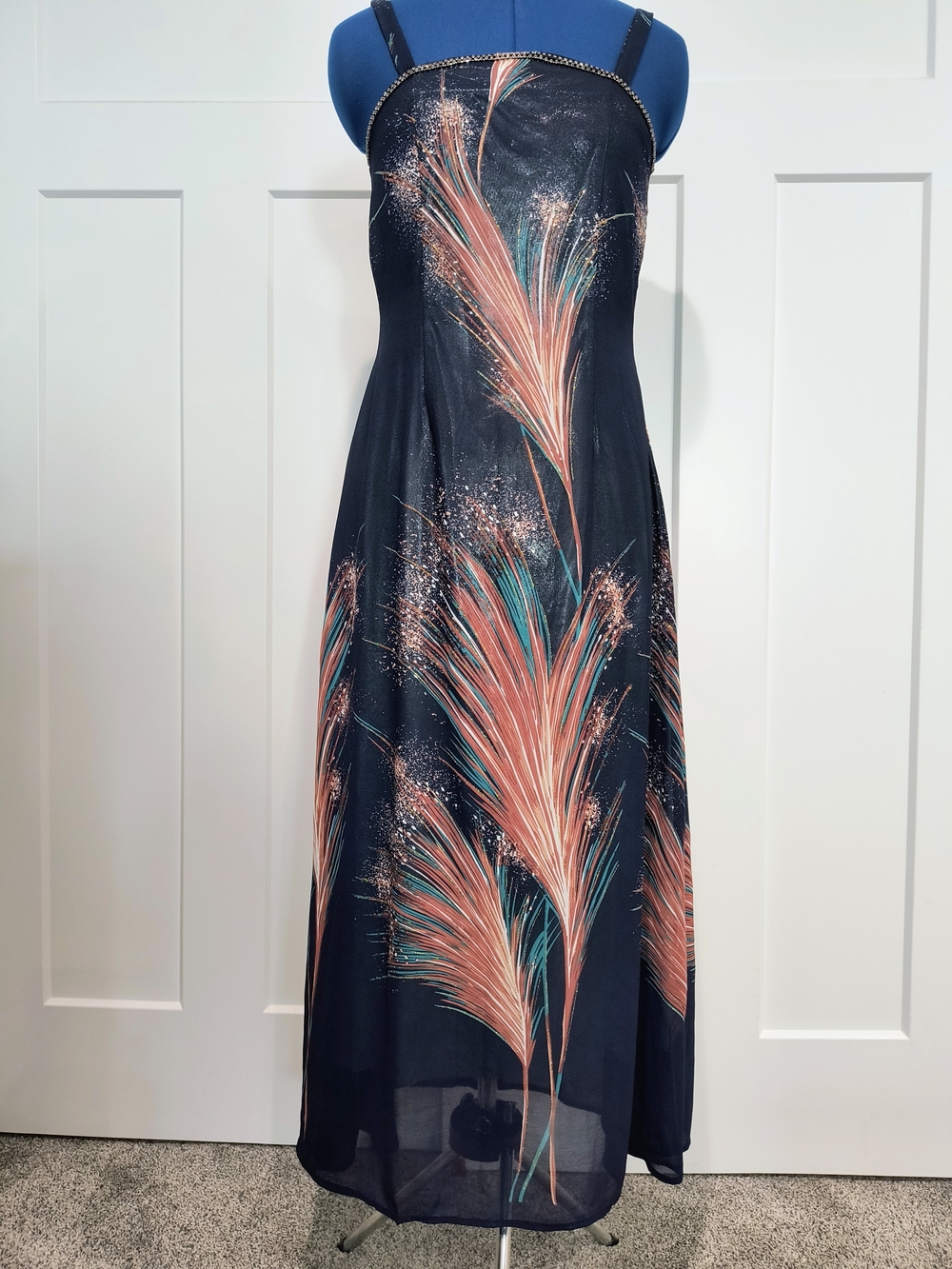 Navy Blue Maxi Dress with Coral & Teal Feather Print - Picture 1 of 7